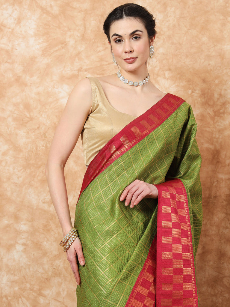 KESSA- GREEN SILK WITH CONTRAST ZARI BORDER SAREE Cotton Saree stylefables   