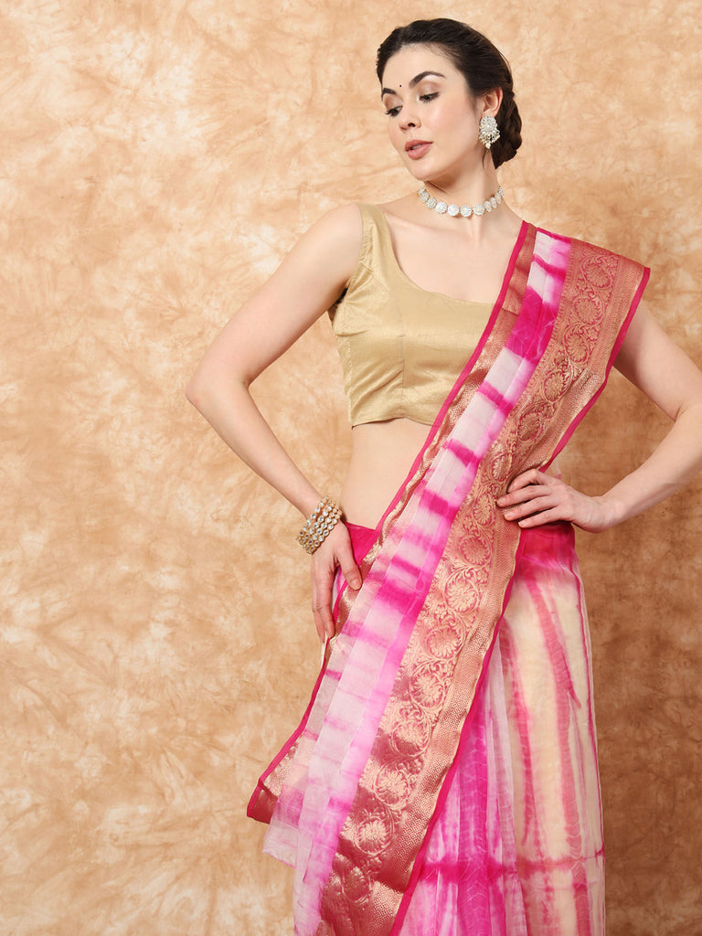 NAZAKAT-PINK ORGANZA TIE N DYE SAREE WITH ZARI SAREE Cotton Saree stylefables   