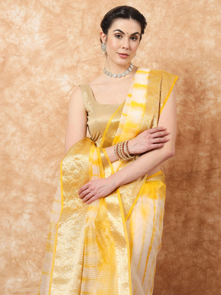 NAZAKAT- YELLOW ORGANZA TIE N DYE SAREE WITH ZARI SAREE Cotton Saree stylefables   