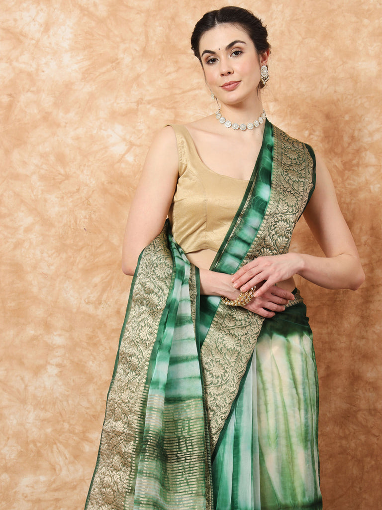 NAZAKAT- GREEN ORGANZA TIE N DYE SAREE WITH ZARI SAREE Cotton Saree stylefables   