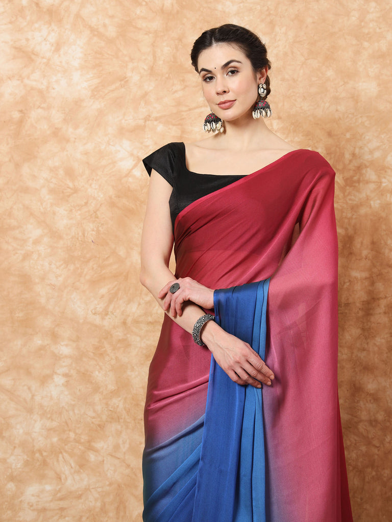 HUE DUNES- MAROON AND BLUE CHIFFON READY TO WEAR SAREES Satin stylefables   