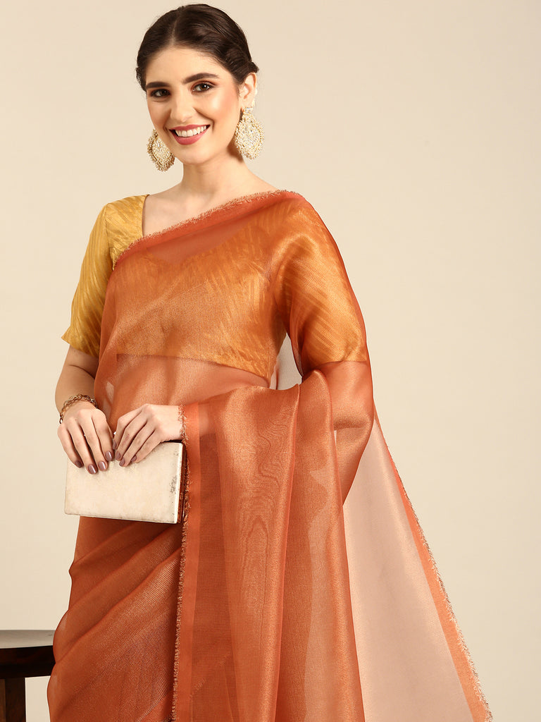 MADHURYA- RUST Tissue Zari Saree stylefables   