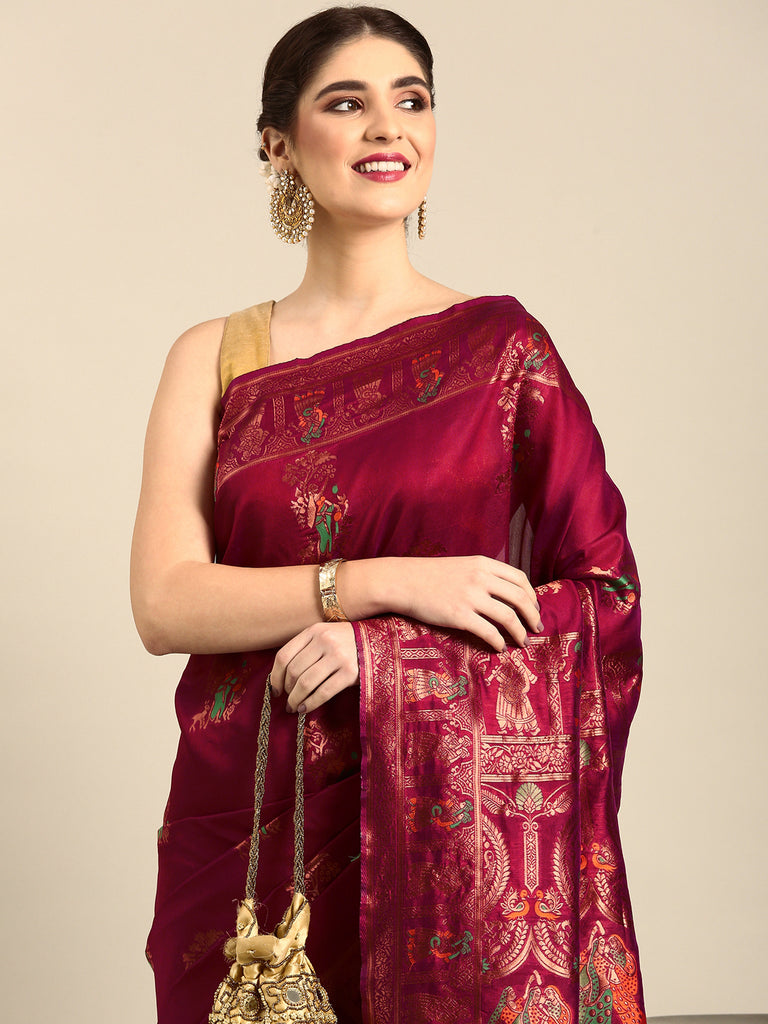 MEENAKARI: Maroon Banarasi Silk Saree Silk Saree stylefables   