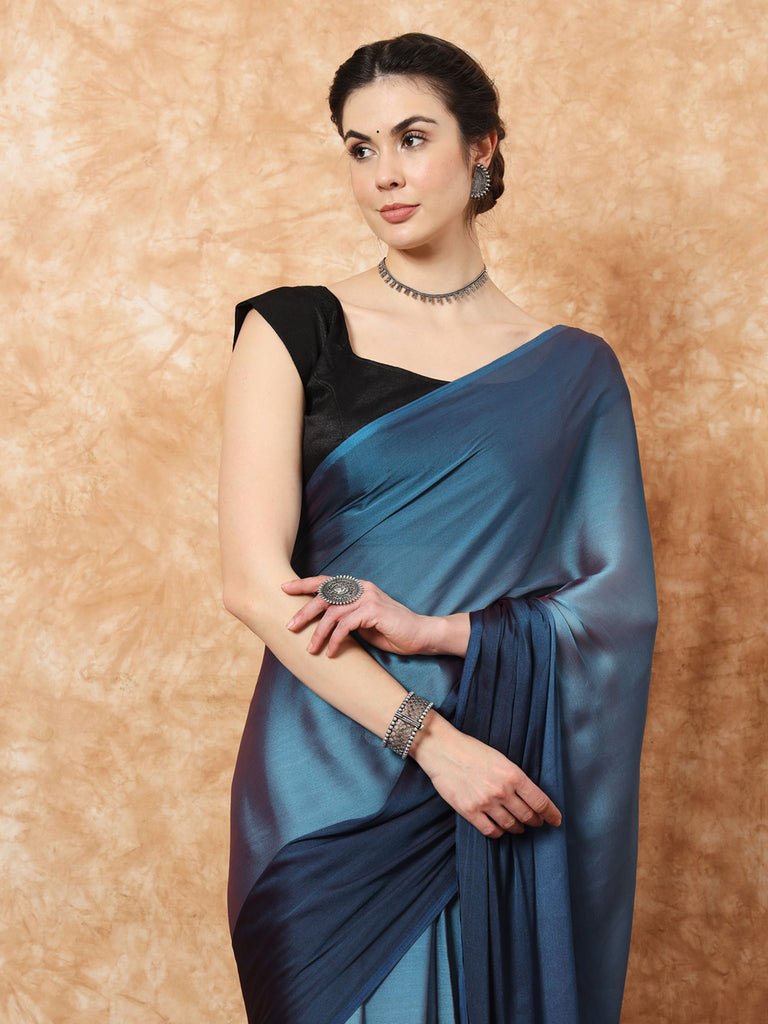 HUE DUNES- BLUE TWO TONE CHIFFON READY TO WEAR SAREE Satin stylefables   