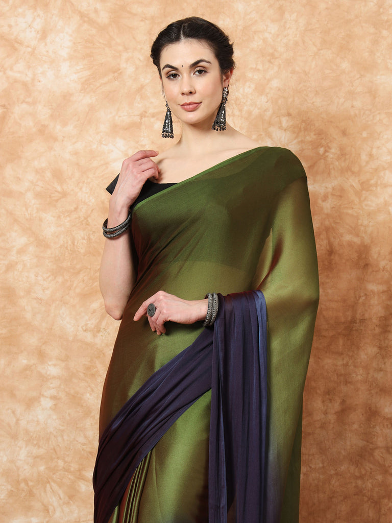 HUE DUNES- BLUE AND GREEN CHIFFON READY TO WEAR SAREE Satin stylefables   