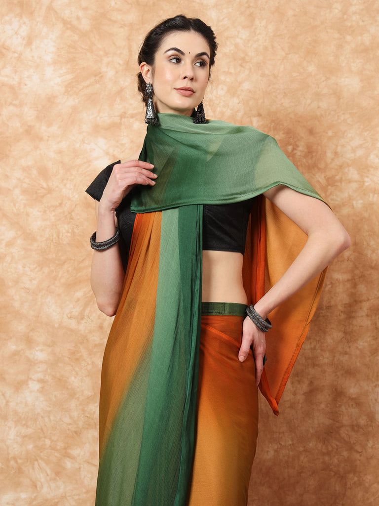 HUE DUNES- ORANGE AND GREEN CHIFFON READY TO WEAR SAREE Satin stylefables   