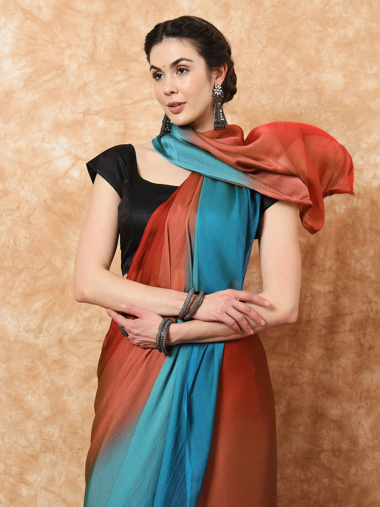 HUE DUNES- ORANGE AND BLUE CHIFFON READY TO WEAR SAREE Satin stylefables   