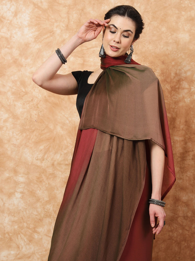 HUE DUNES- BROWN AND MAROON CHIFFON READY TO WEAR SAREE Satin stylefables   