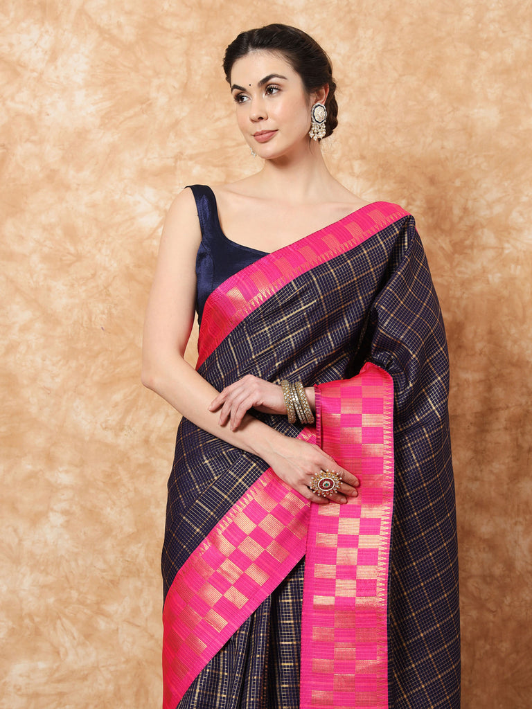 KESSA- NAVY BLUE SILK WITHCONTRAST ZARI BORDER SAREE Cotton Saree stylefables   