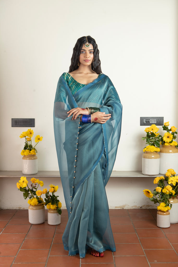 MADHURYA- NAVY BLUE Tissue Zari Saree stylefables   