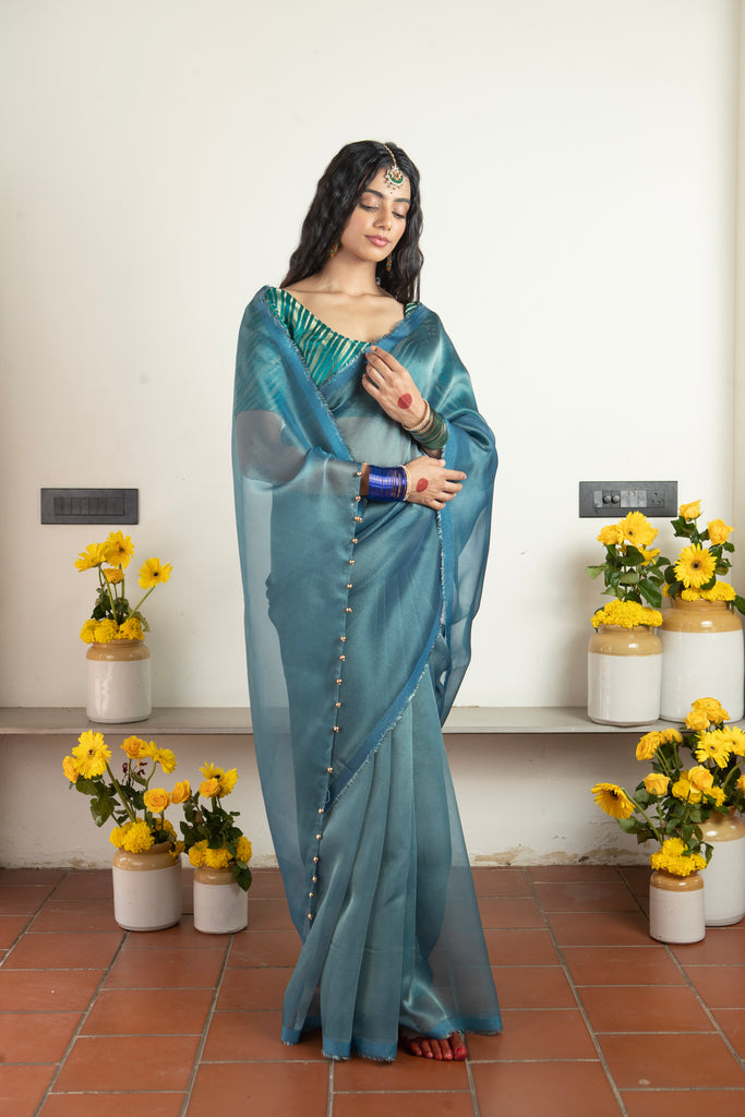 MADHURYA- NAVY BLUE Tissue Zari Saree stylefables   