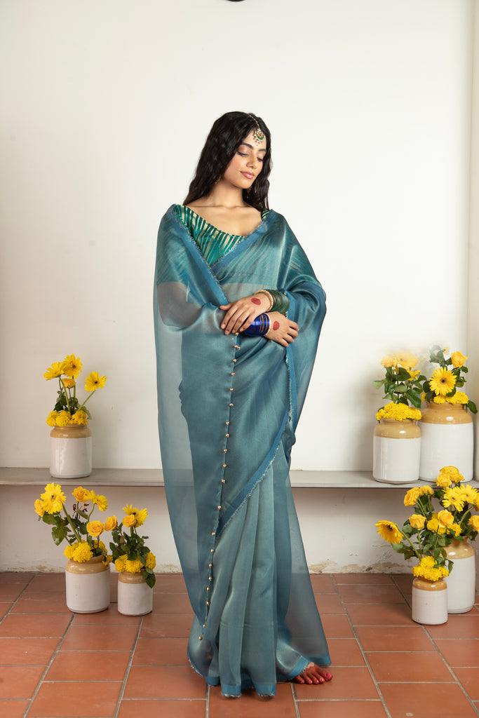 MADHURYA- NAVY BLUE Tissue Zari Saree stylefables   