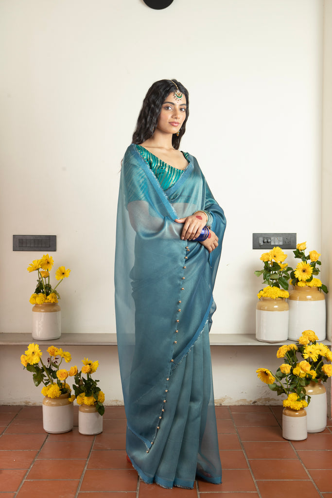 MADHURYA- NAVY BLUE Tissue Zari Saree stylefables   