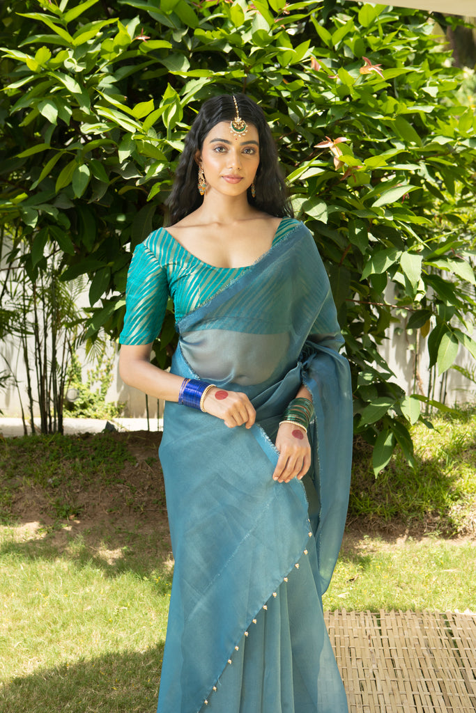 MADHURYA- NAVY BLUE Tissue Zari Saree stylefables   