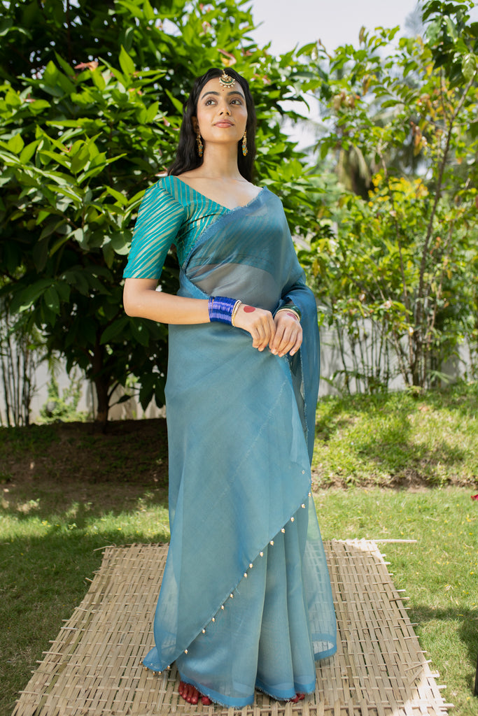 MADHURYA- NAVY BLUE Tissue Zari Saree stylefables   