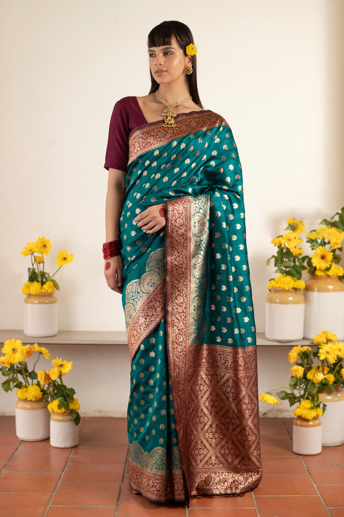 RASHMIKA : Green Banarasi Saree Silk Saree stylefables   