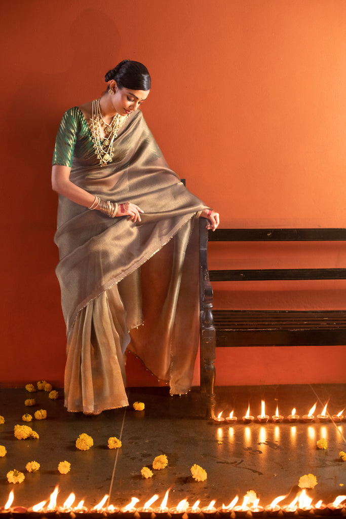 MADHURYA- COPPER Tissue Zari Saree stylefables   