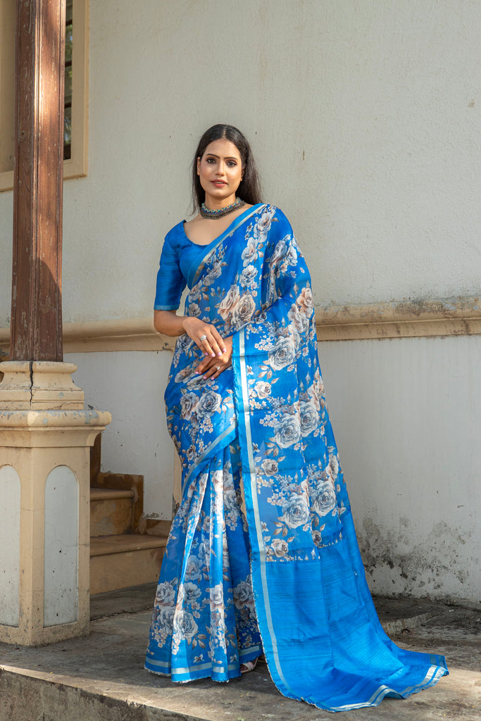 Blue Color Organza Silk Lace Border Saree