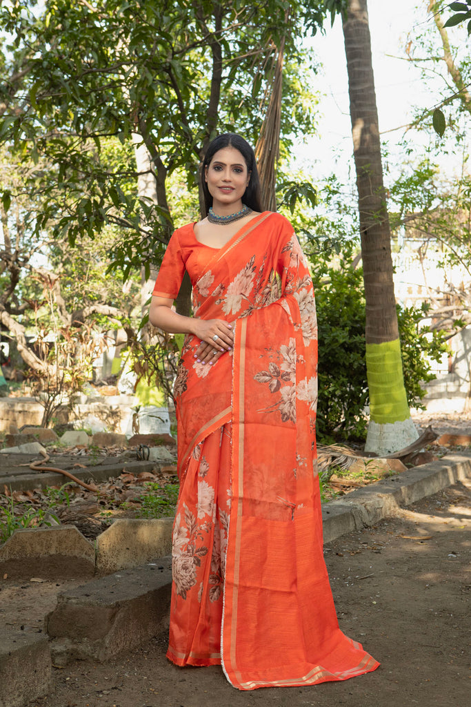 VINTAGE ROSE : Orange Floral Printed Organza Saree Organza Saree stylefables   