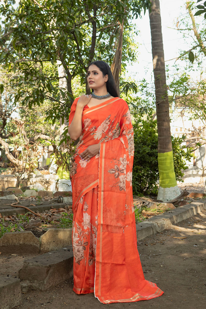 VINTAGE ROSE : Orange Floral Printed Organza Saree Organza Saree stylefables   