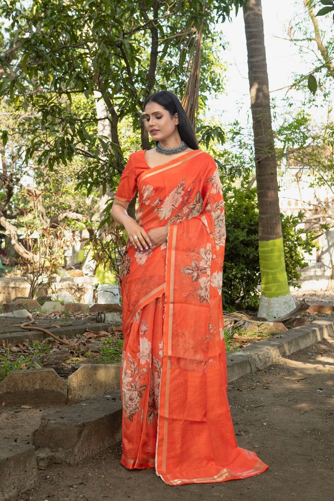 VINTAGE ROSE : Orange Floral Printed Organza Saree Organza Saree stylefables   