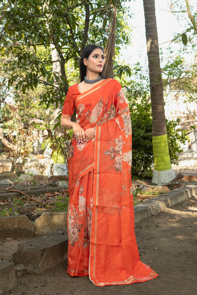 VINTAGE ROSE : Orange Floral Printed Organza Saree Organza Saree stylefables   