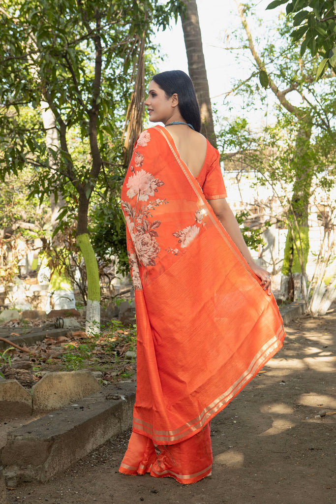 VINTAGE ROSE : Orange Floral Printed Organza Saree Organza Saree stylefables   