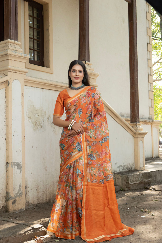 DHUP : Rust Floral Printed Organza Saree Organza Saree stylefables   