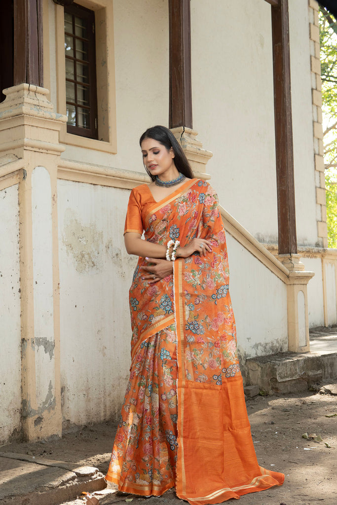 DHUP : Rust Floral Printed Organza Saree Organza Saree stylefables   