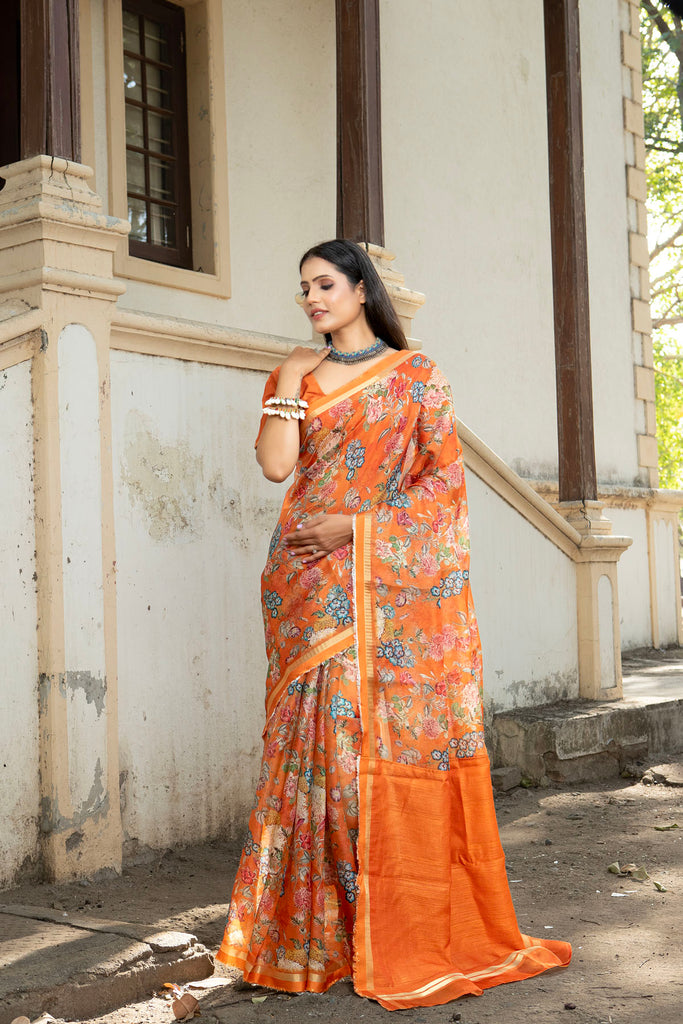 DHUP : Rust Floral Printed Organza Saree Organza Saree stylefables   