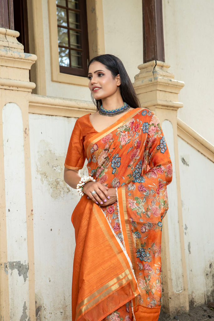 DHUP : Rust Floral Printed Organza Saree Organza Saree stylefables   