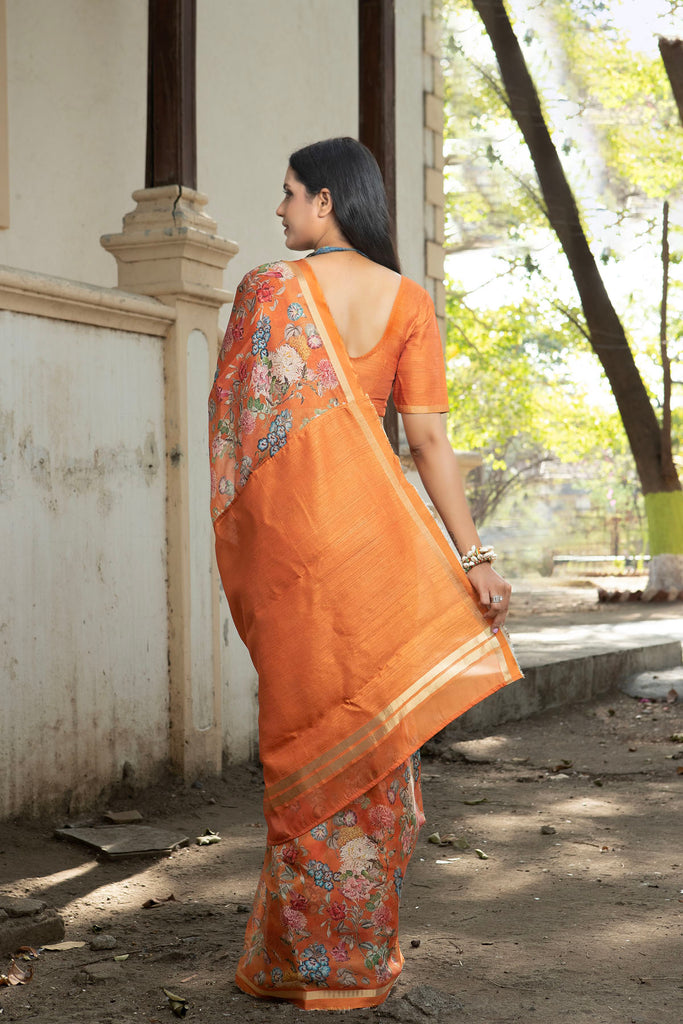 DHUP : Rust Floral Printed Organza Saree Organza Saree stylefables   