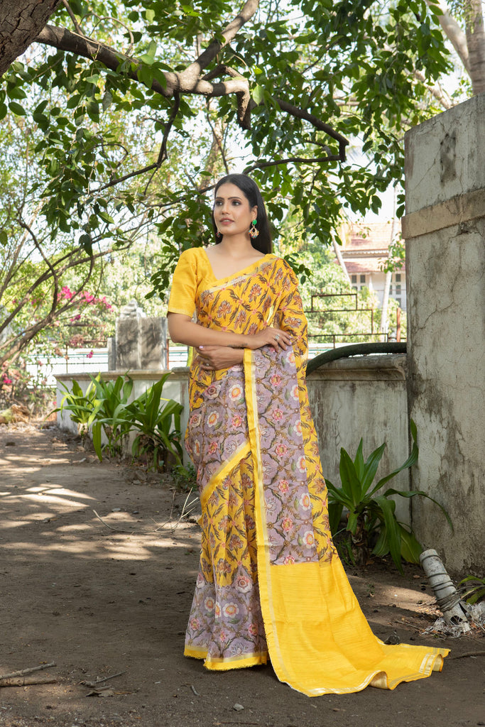 FIZA : Yellow Floral Printed Organza Saree Organza Saree stylefables   