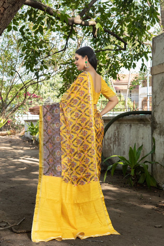 FIZA : Yellow Floral Printed Organza Saree Organza Saree stylefables   