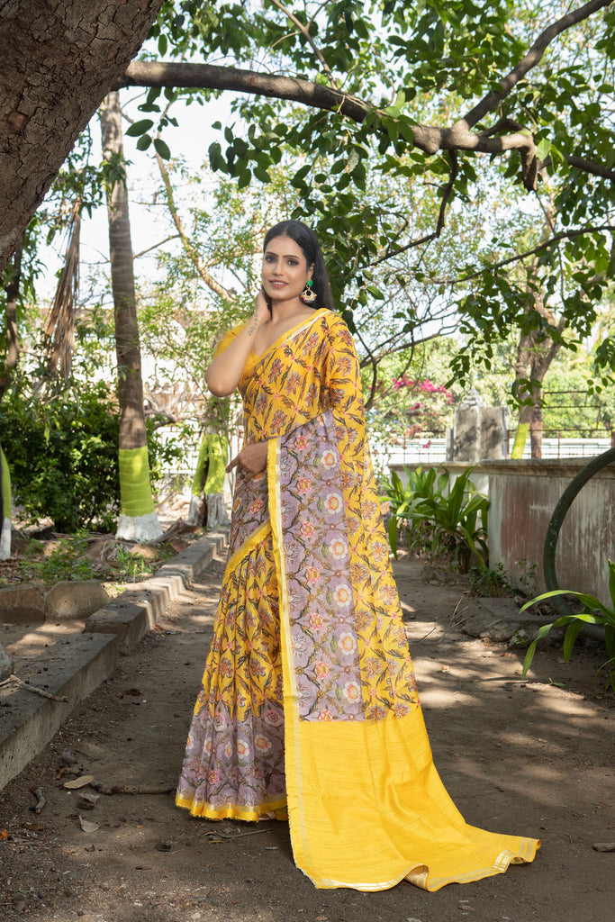 FIZA : Yellow Floral Printed Organza Saree Organza Saree stylefables   