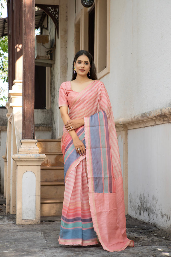 RAAH : Pink Stripes Printed Organza Saree Organza Saree stylefables   