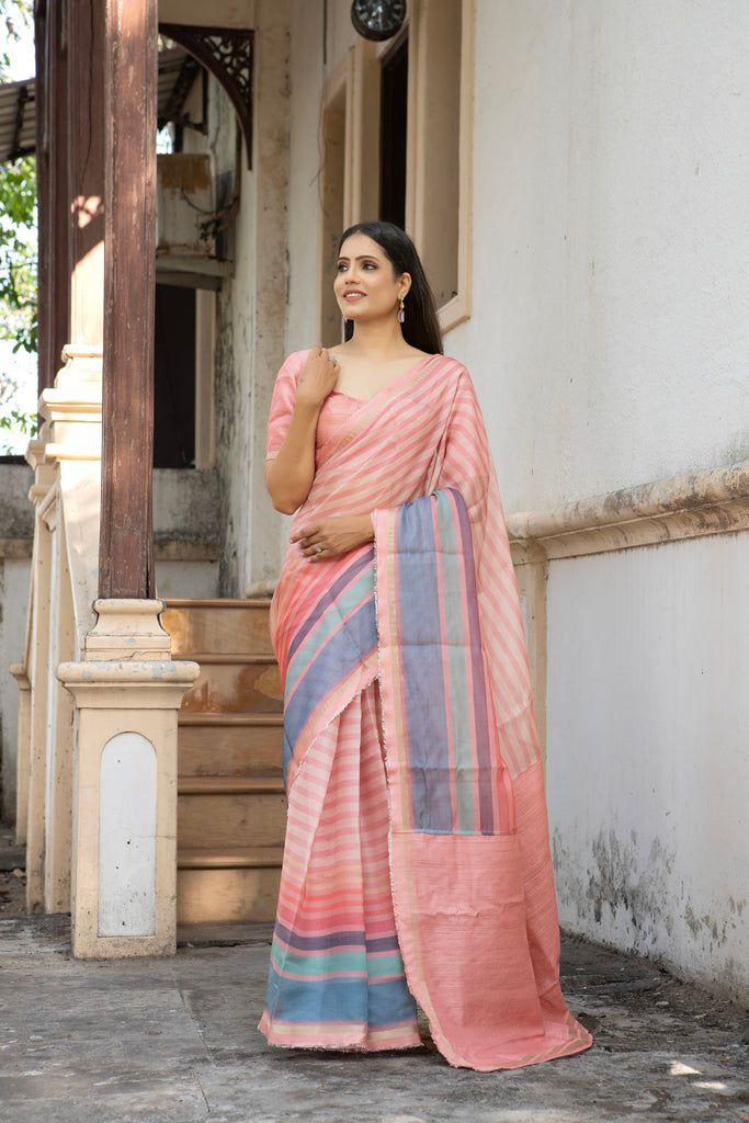 RAAH : Pink Stripes Printed Organza Saree Organza Saree stylefables   