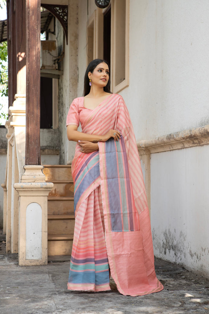 RAAH : Pink Stripes Printed Organza Saree Organza Saree stylefables   