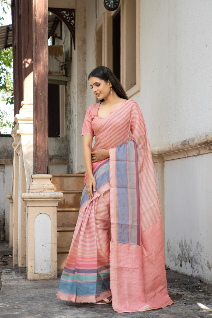 RAAH : Pink Stripes Printed Organza Saree Organza Saree stylefables   