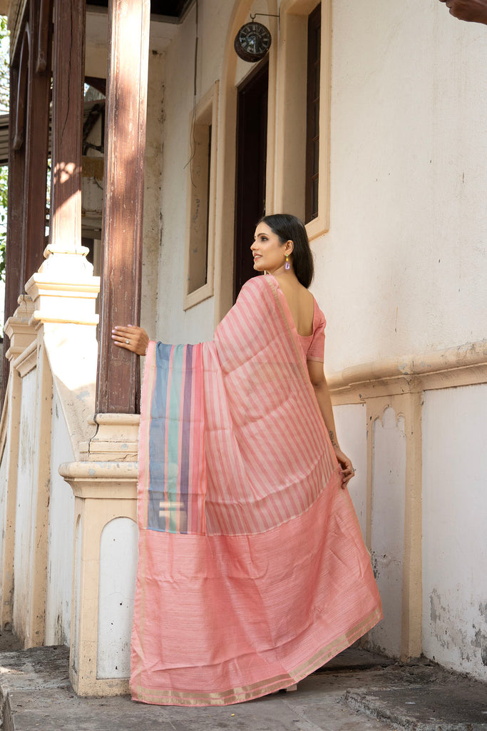 RAAH : Pink Stripes Printed Organza Saree Organza Saree stylefables   