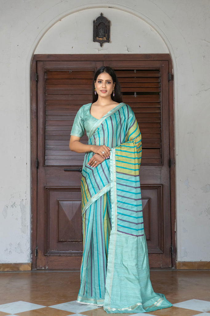 RAAH : Blue Stripes Printed Organza Saree Organza Saree stylefables   