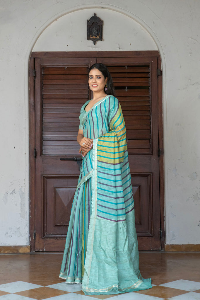 RAAH : Blue Stripes Printed Organza Saree Organza Saree stylefables   