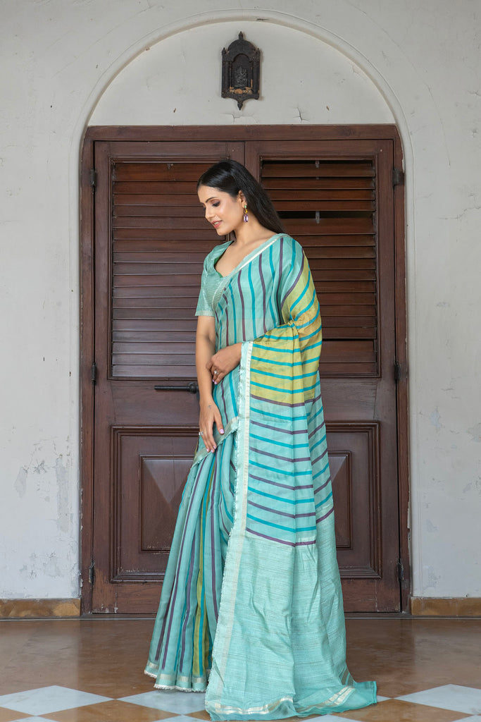 RAAH : Blue Stripes Printed Organza Saree Organza Saree stylefables   