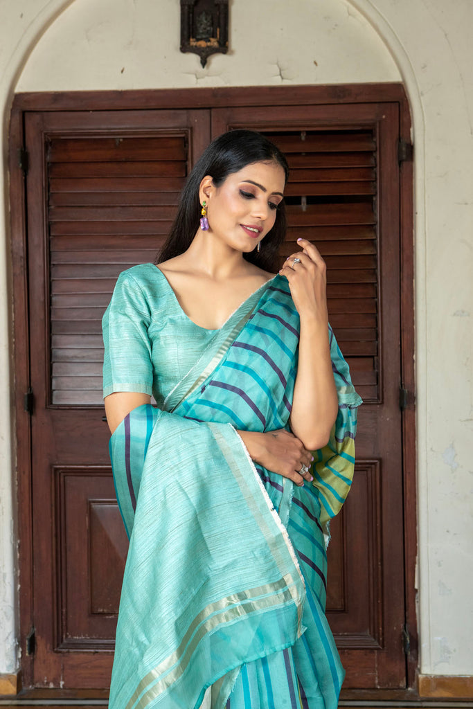 RAAH : Blue Stripes Printed Organza Saree Organza Saree stylefables   