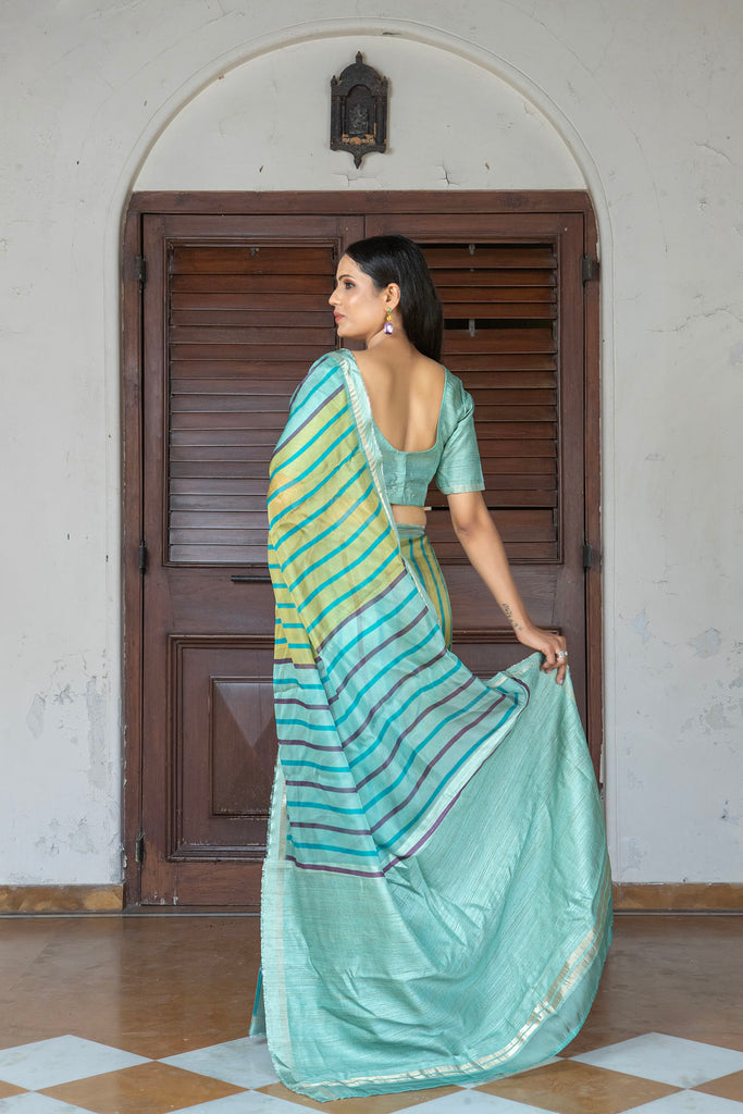 RAAH : Blue Stripes Printed Organza Saree Organza Saree stylefables   