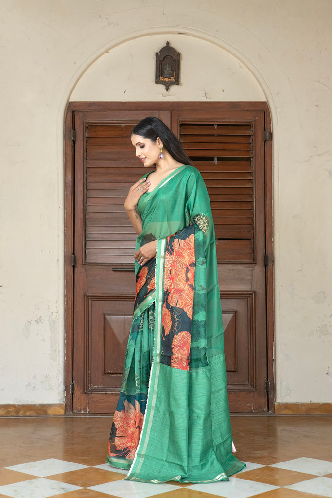 YANA : Green Abstract Printed Organza Saree Organza Saree stylefables   