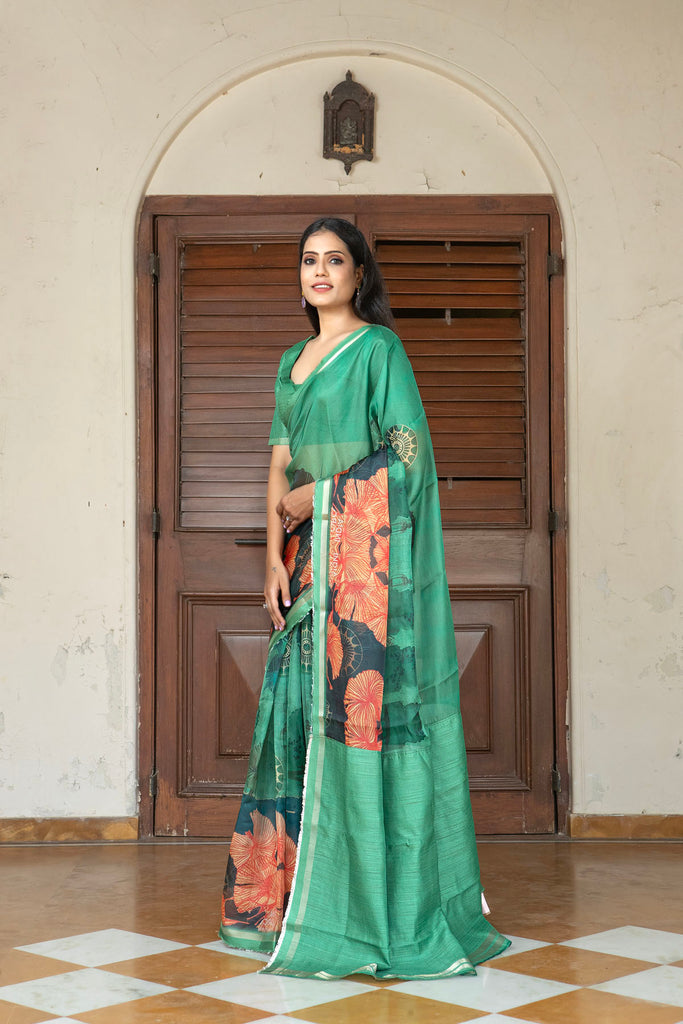 YANA : Green Abstract Printed Organza Saree Organza Saree stylefables   