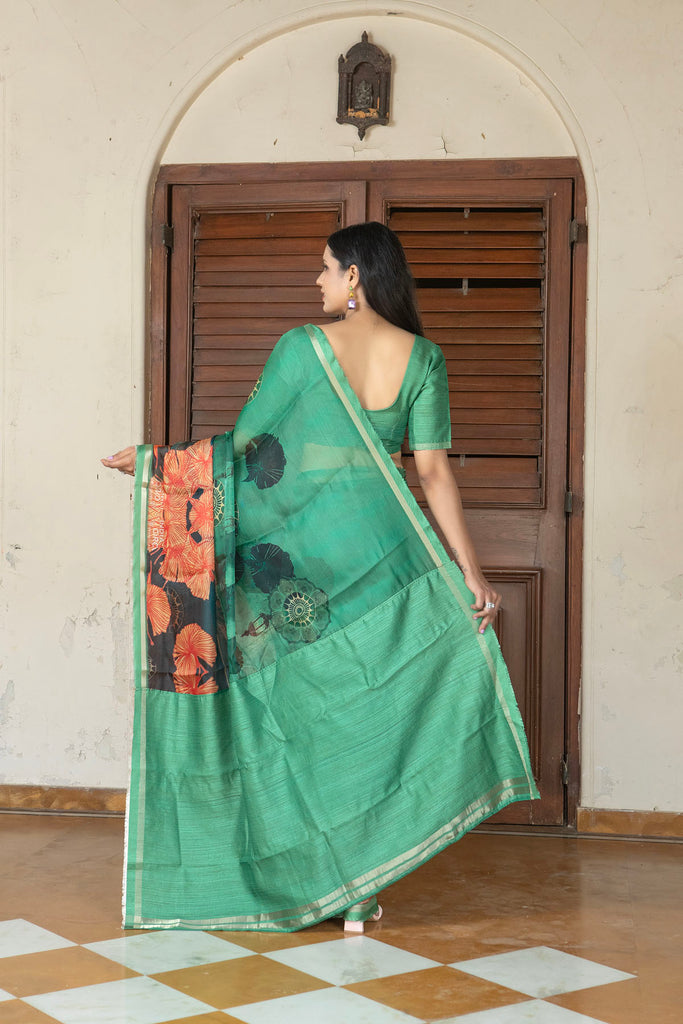 YANA : Green Abstract Printed Organza Saree Organza Saree stylefables   