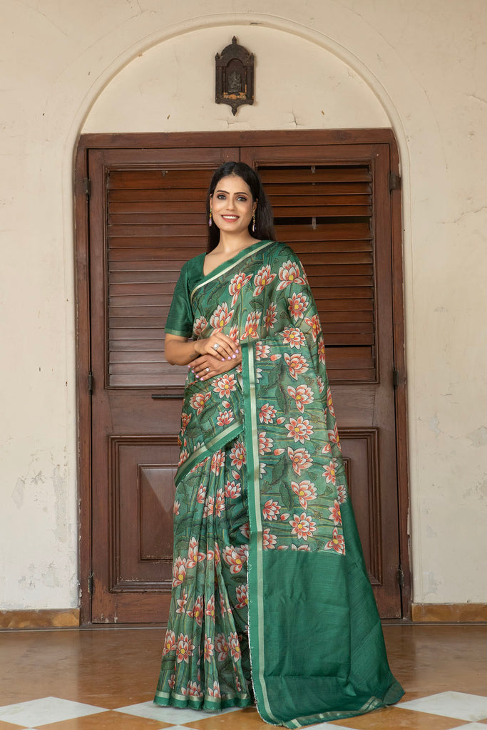 ROYAL : Green Pichwai Printed Organza Saree Organza Saree stylefables   