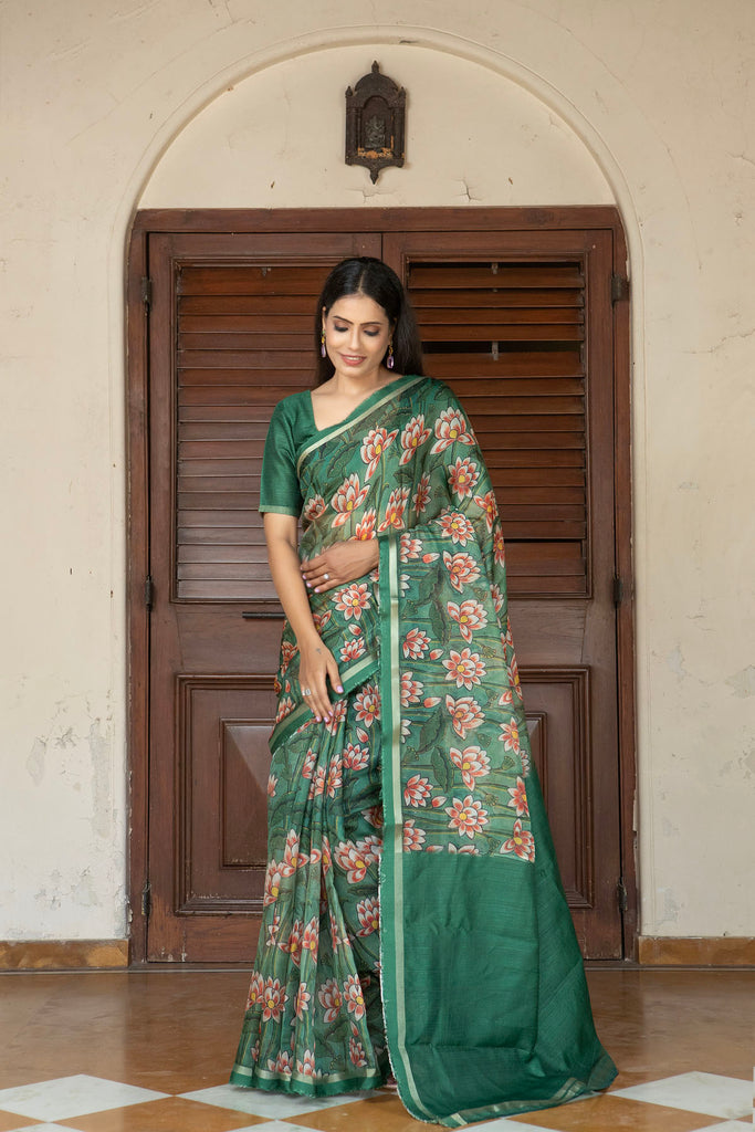 ROYAL : Green Pichwai Printed Organza Saree Organza Saree stylefables   